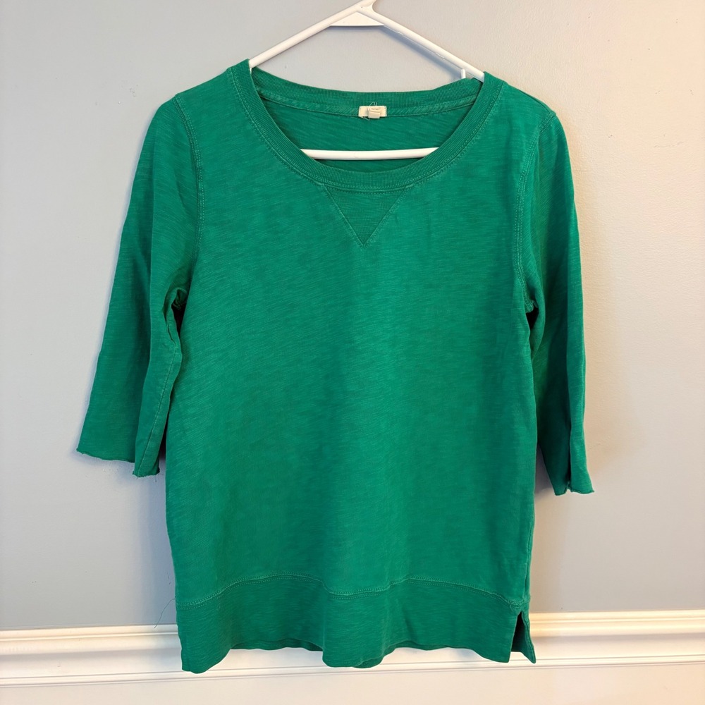 J.Crew Green Slub Knit 3/4 Sleeve Cotton Sweatshirt Emerald Green Raw Hem Small